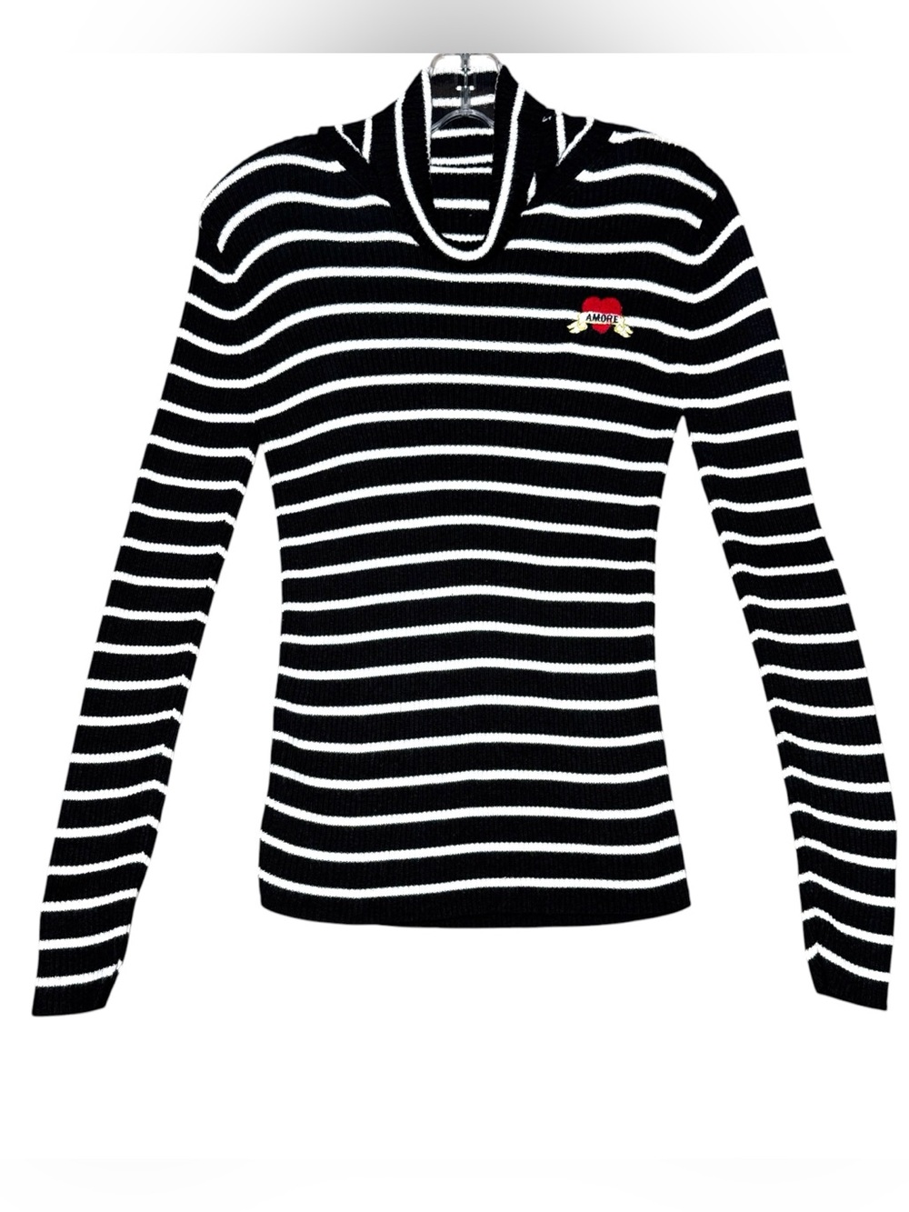 Forever 21 Striped White Black Turtleneck Sweater M Y2K Rib Knit Heart Patch Y2K